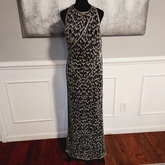 Vintage Eve's Allure Beaded Silk Cross Back Long Formal Dress Sz 10 - Picture 1 of 11